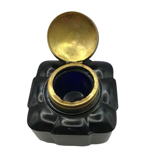 Antique Cobalt Glass Inkwell Square With Brass Hinged Lid - Picture 7 of 12
